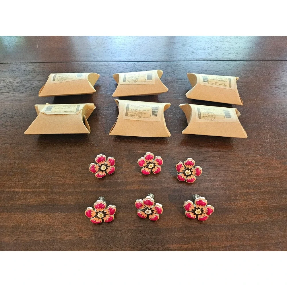 Longaberger 2010 Mothers Day Knob Set 6 Pink Orange Floral Enamel Tie-Ons 23814